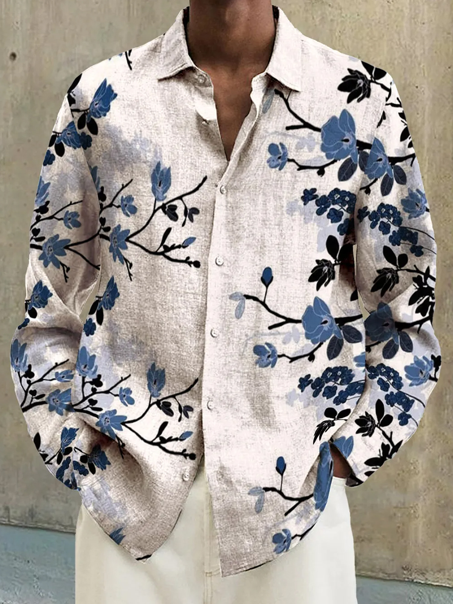 Men's Casual Shirt Floral Print Turndown Long Sleeve Print Shirt