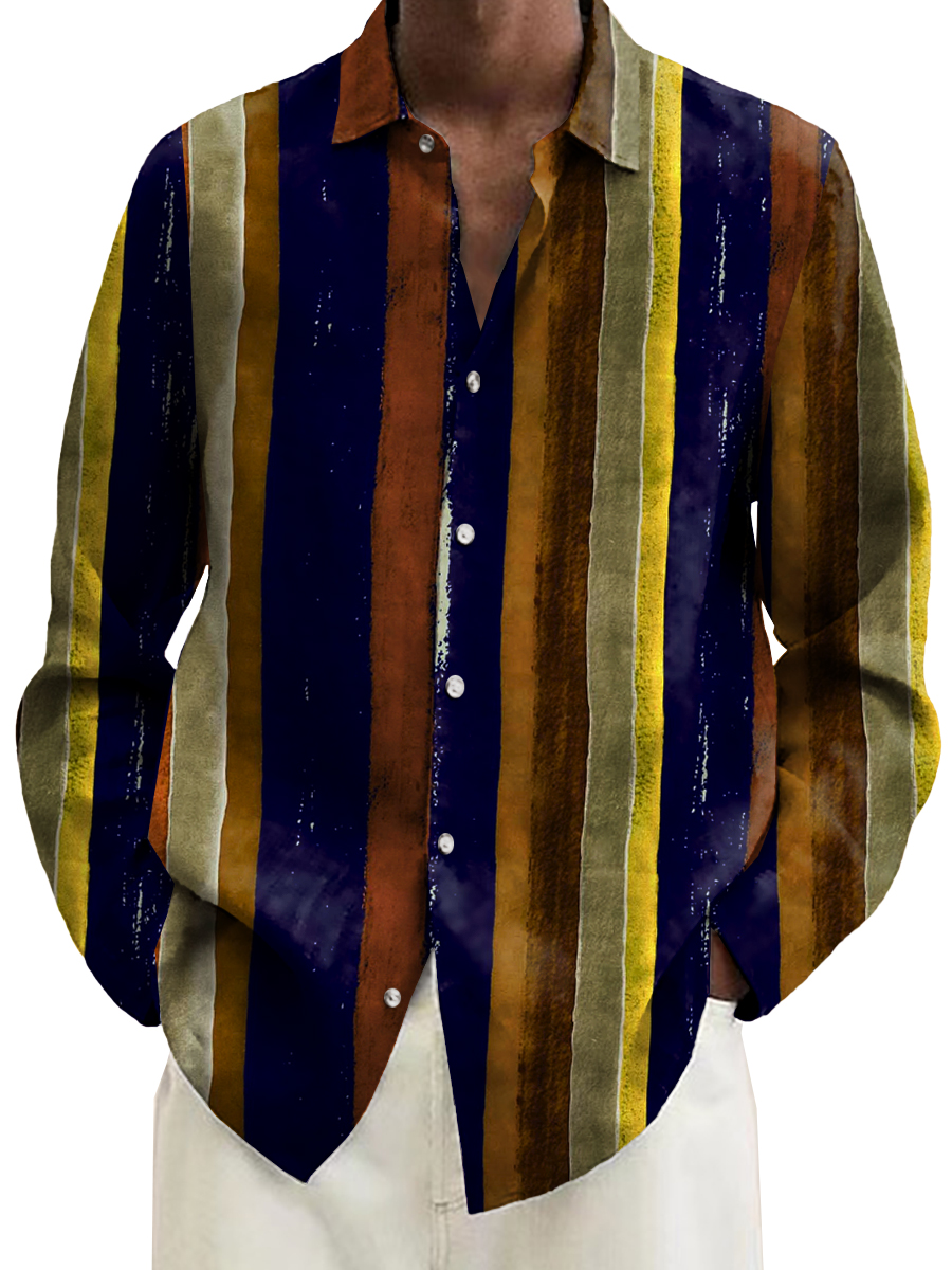 Men's Shirt Retro Stripes Print Casual Vacation Oversized Long Sleeve Shirt