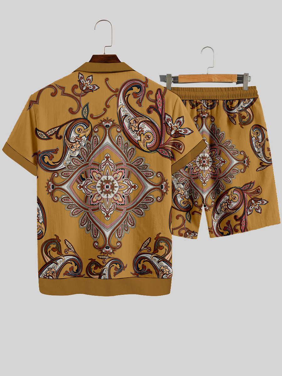 Men's Sets Fashion Retro Paisley Button Down Two-Piece Shirt Shorts Set