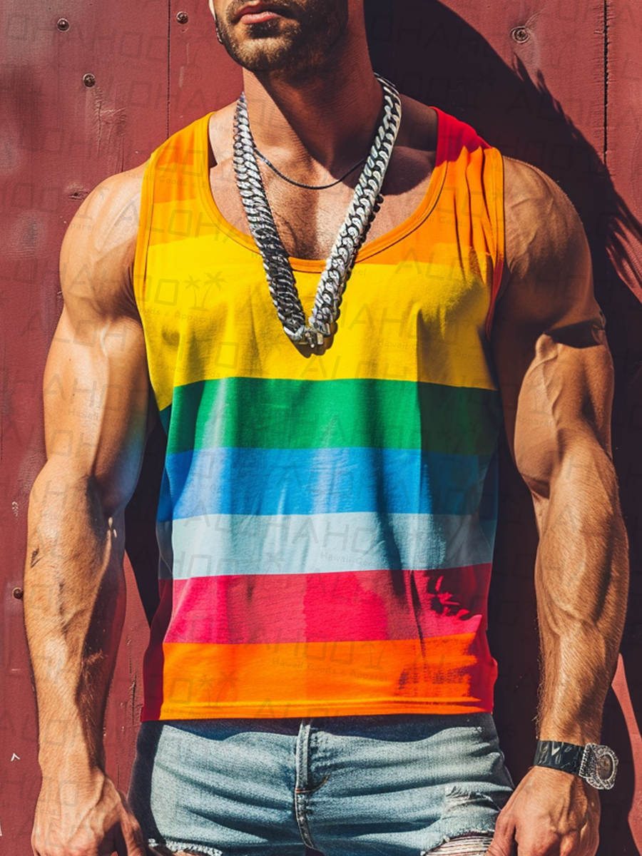 Men's Casual Rainbow Stripes Tank Top T-Shirt