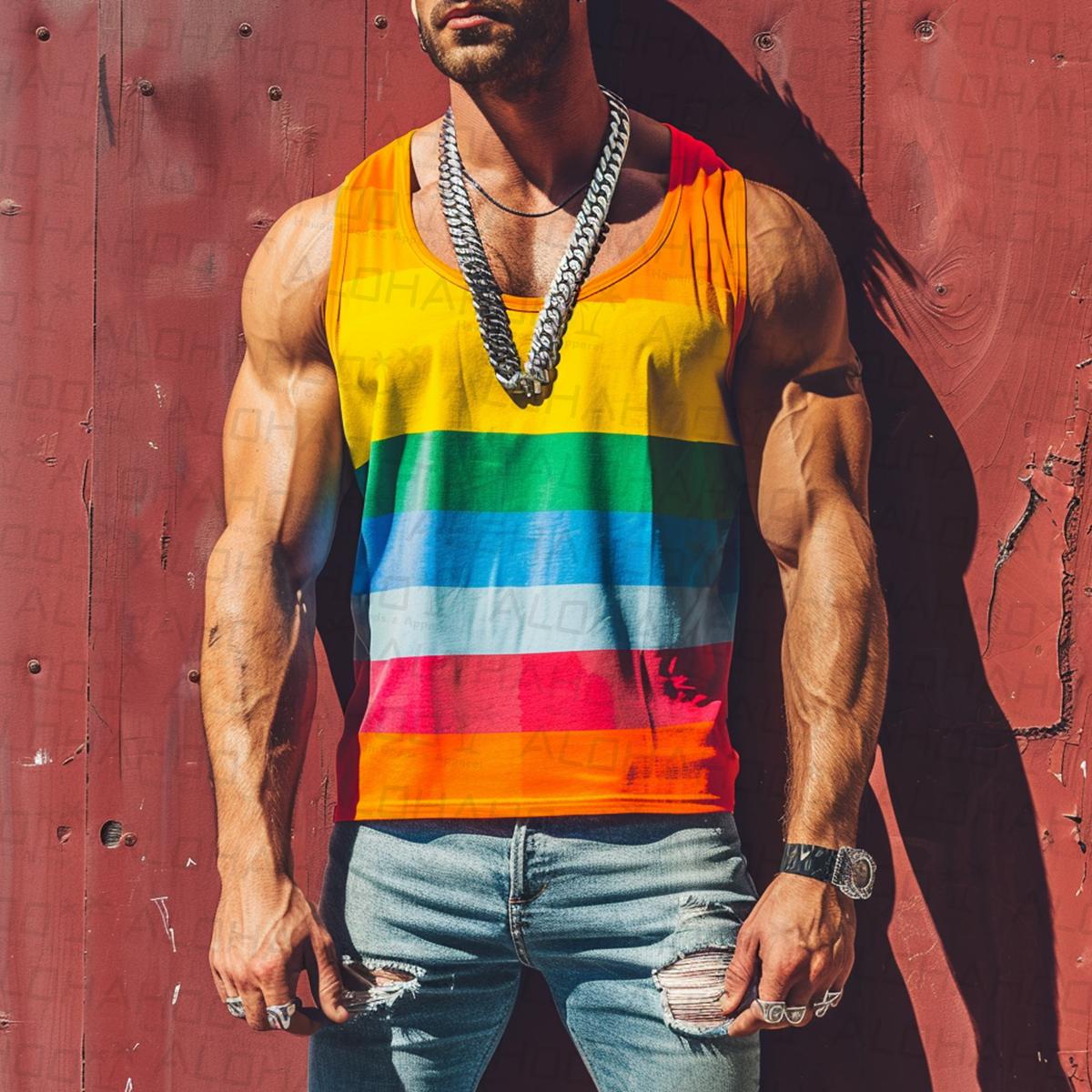 Men's Casual Rainbow Stripes Tank Top T-Shirt