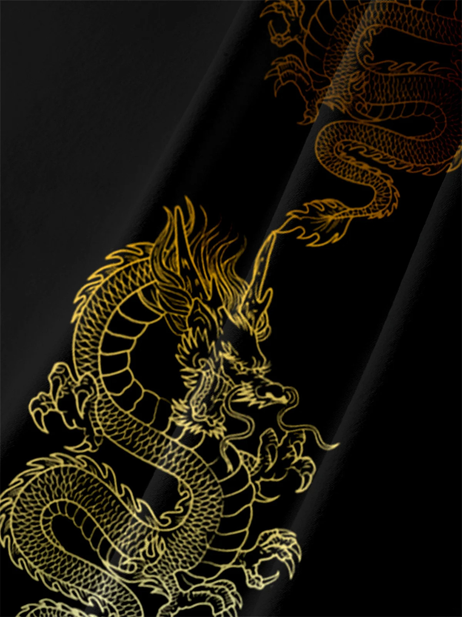 Japanese Style Dragon Chest Pocket Short Sleeve Casual Shirt