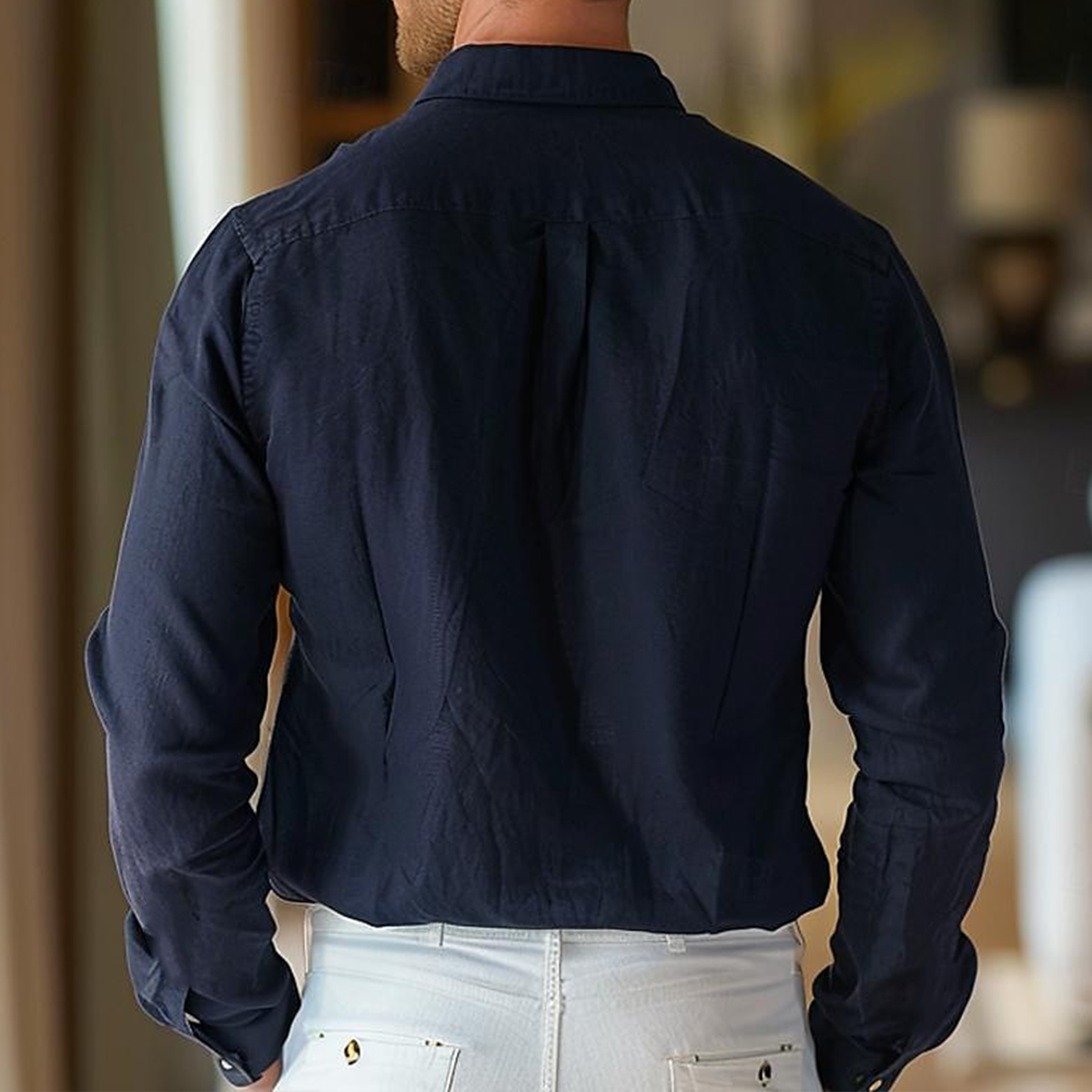 Men's Cotton-Linen Shirt Navy Blue Long Sleeve Floral Turndown Outdoor Shirt