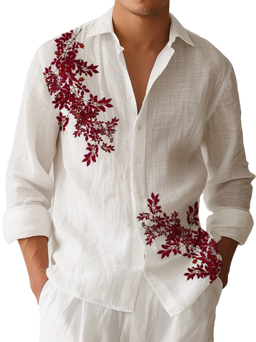 Men's Cotton-Linen Shirt Basics Red Flower Breathable Plus Size Shirts