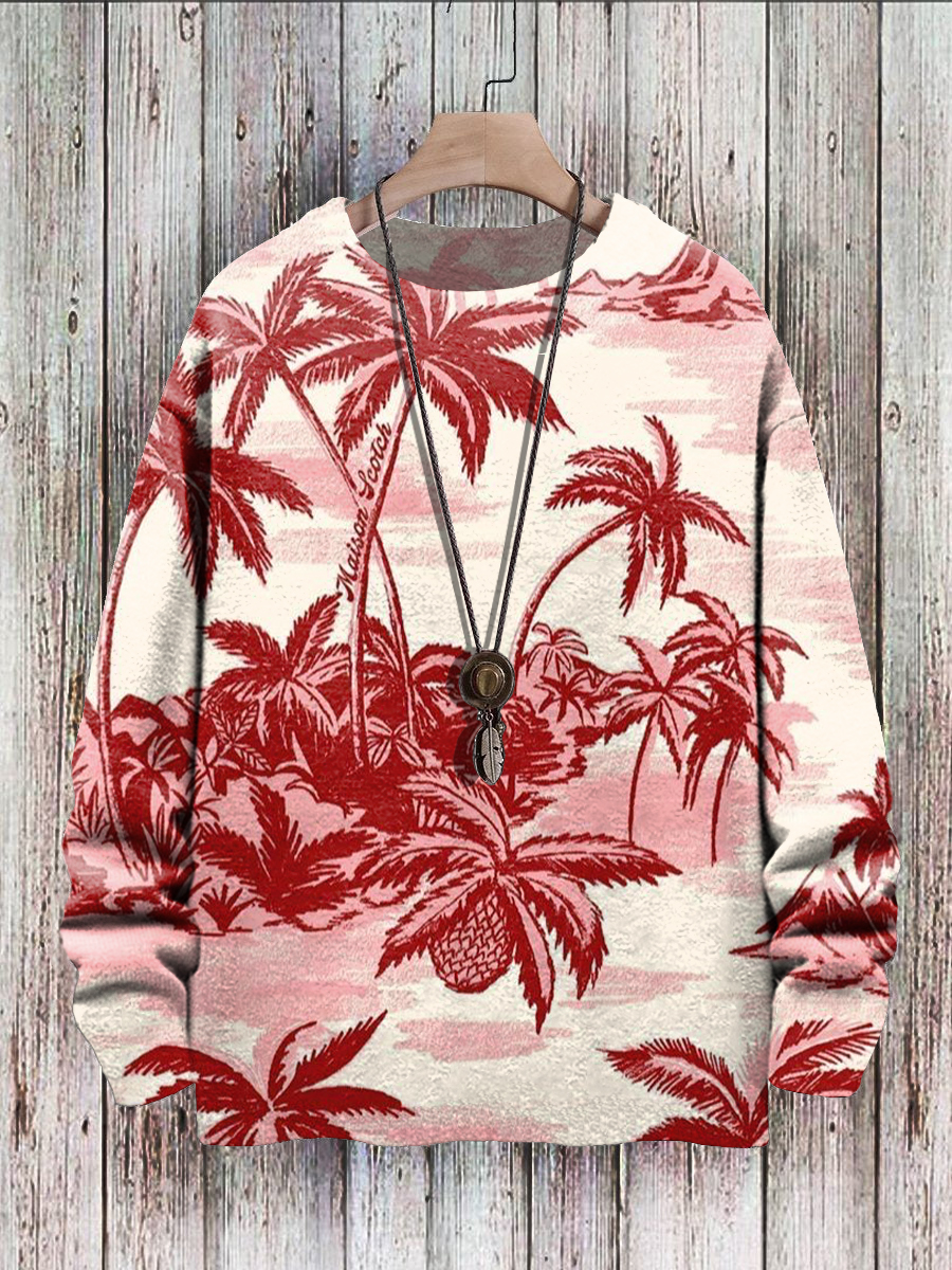 Men's Sweater Art Red Coconut Tree Print Casual Knit Sweatshirt Sweater