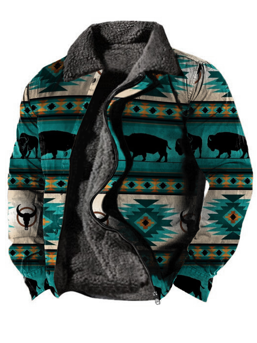 Men's Fleece Jacket Vintage Native Bull Print Zip Up Heavyweight Fleece ...