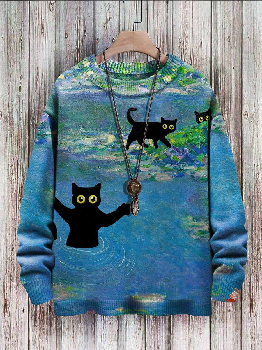 Men's Sweater Black Cat Oil Painting Pattern Pullover Print Casual Sweater