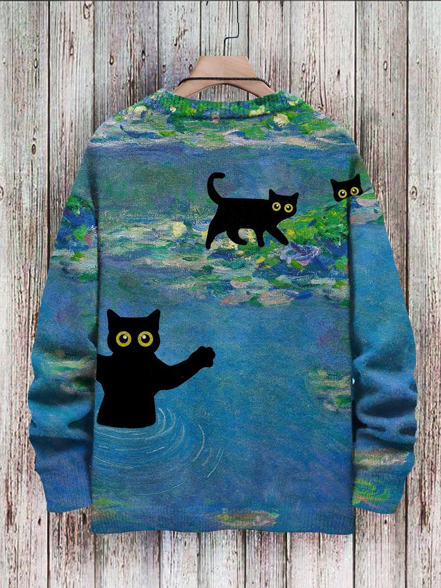 Men's Sweater Black Cat Oil Painting Pattern Pullover Print Casual Sweater