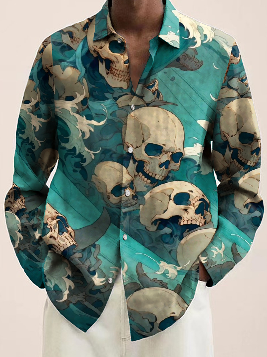 Men's Skulls Print Button Down Long Sleeve Shirt