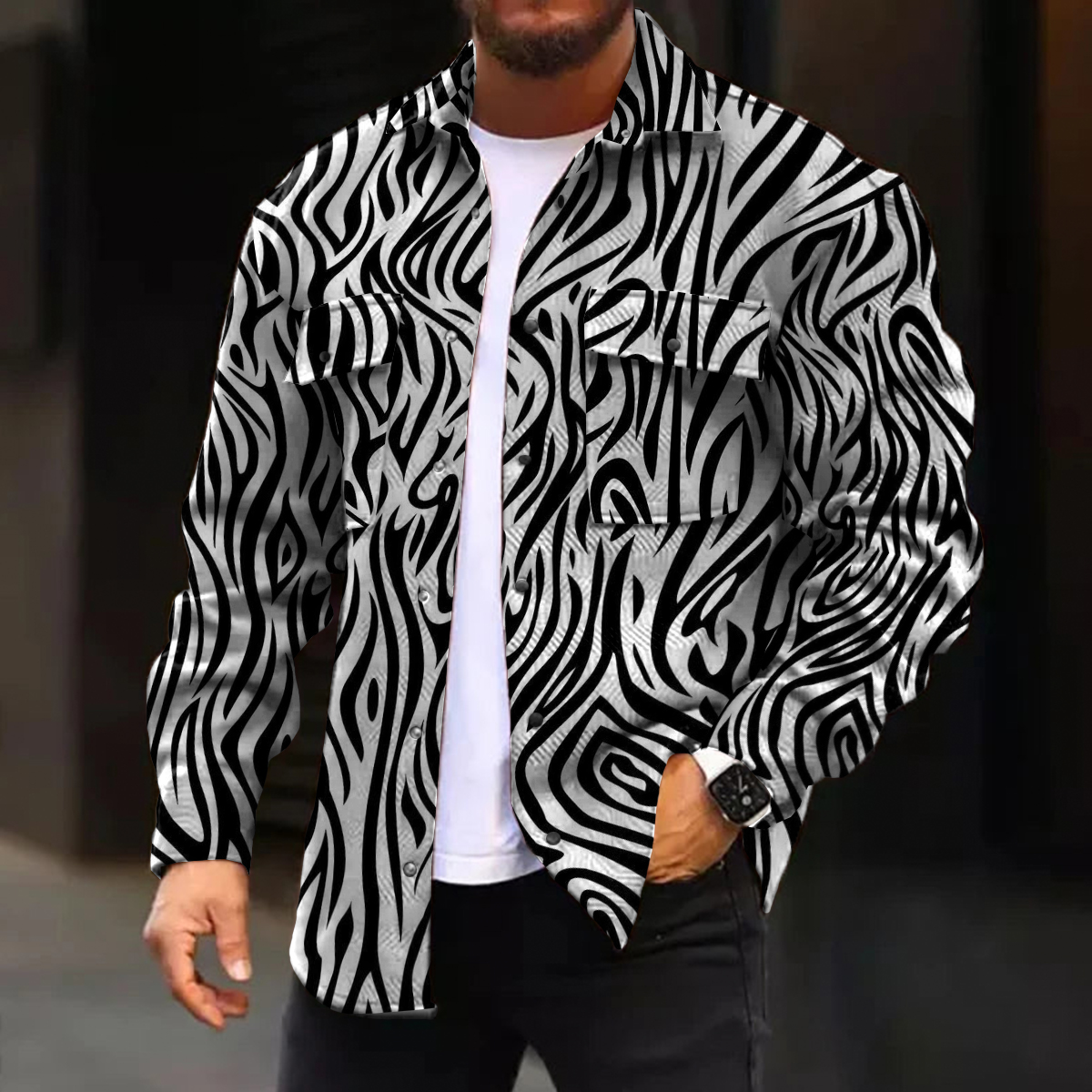 Men's Casual Jacket Vintage Zebra Pattern Long Sleeve Pockets Corduroy Jacket