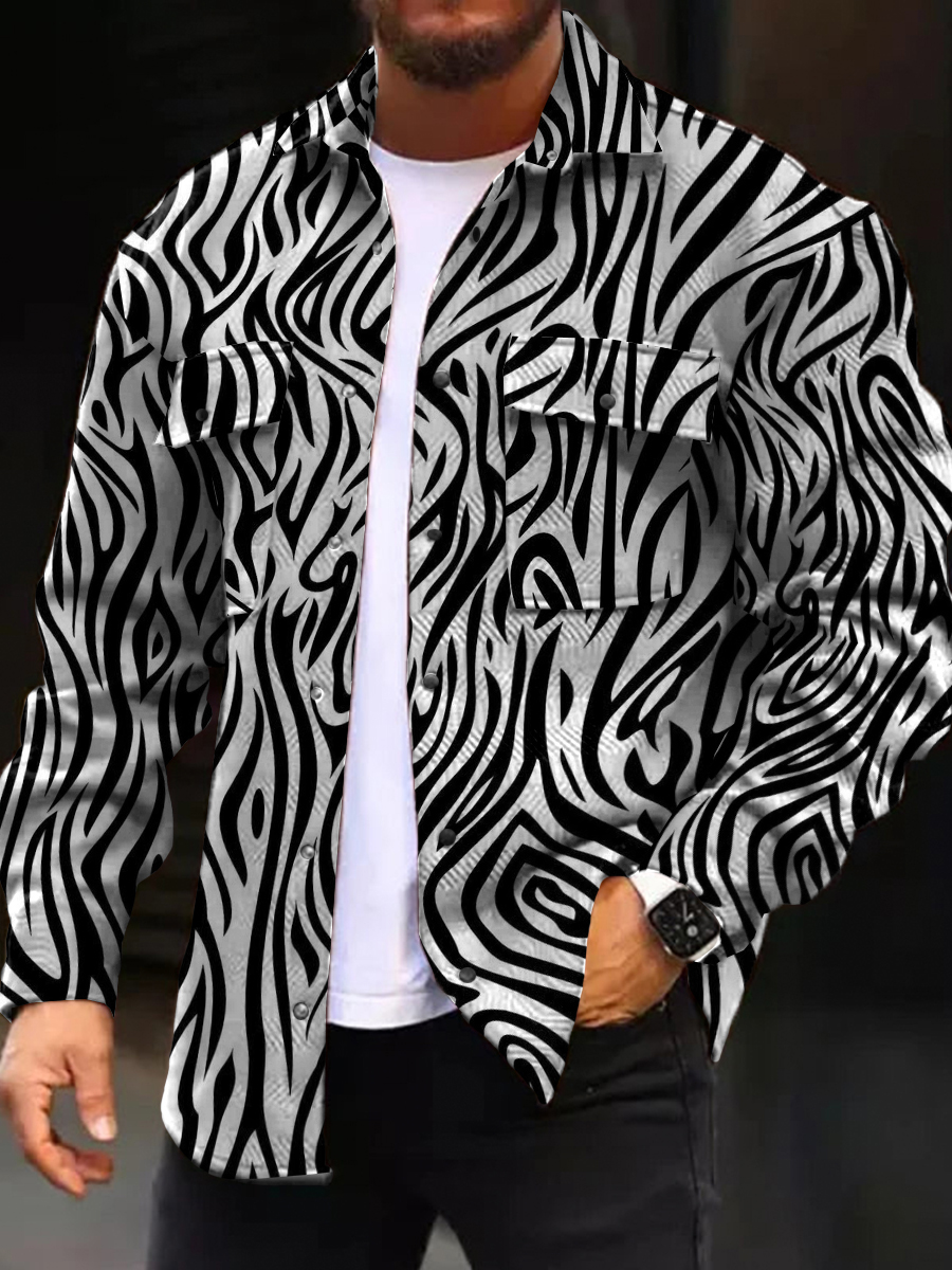 Men's Casual Jacket Vintage Zebra Pattern Long Sleeve Pockets Corduroy Jacket