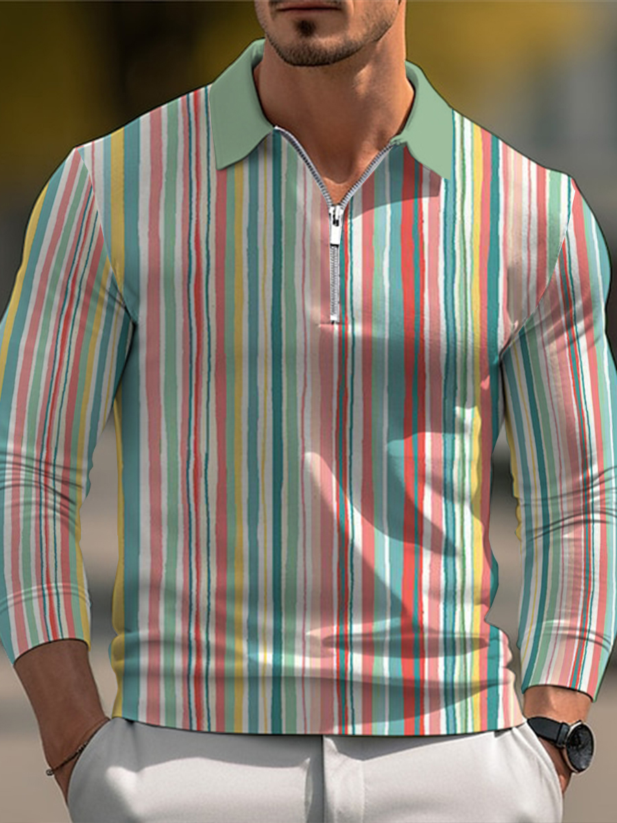 Men's Polo Shirt Art Rainbow Stripe Printed Long Sleeve Golf Shirt