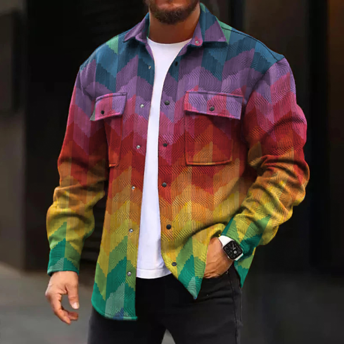 Men's Casual Jacket Colorful Geometric Print Long Sleeve Pockets Corduroy Jacket