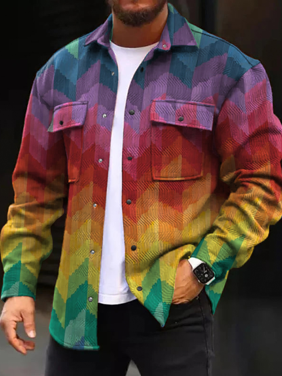 Men's Casual Jacket Colorful Geometric Print Long Sleeve Pockets Corduroy Jacket