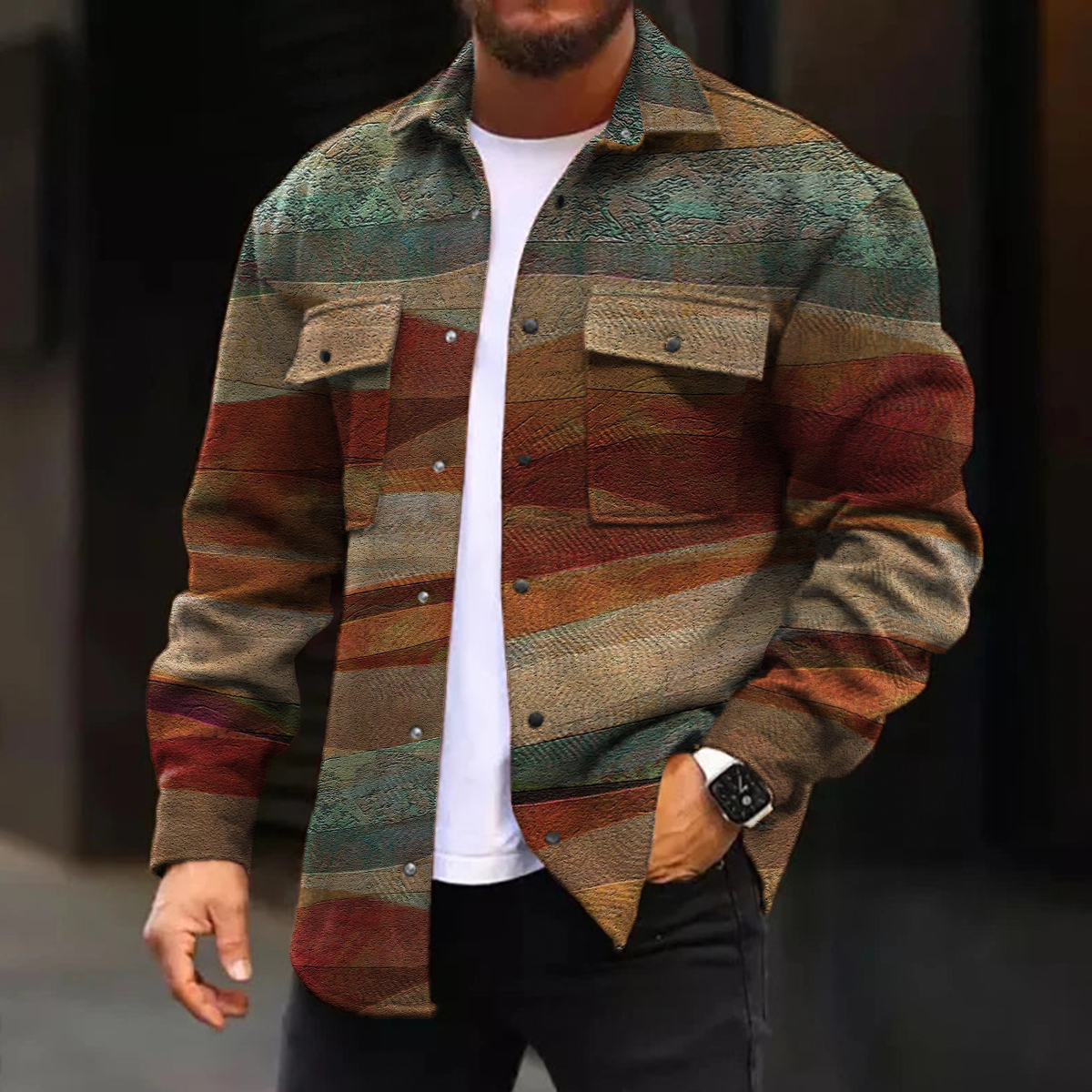 Men's Casual Jacket Vintage Mountain Print Long Sleeve Pockets Corduroy