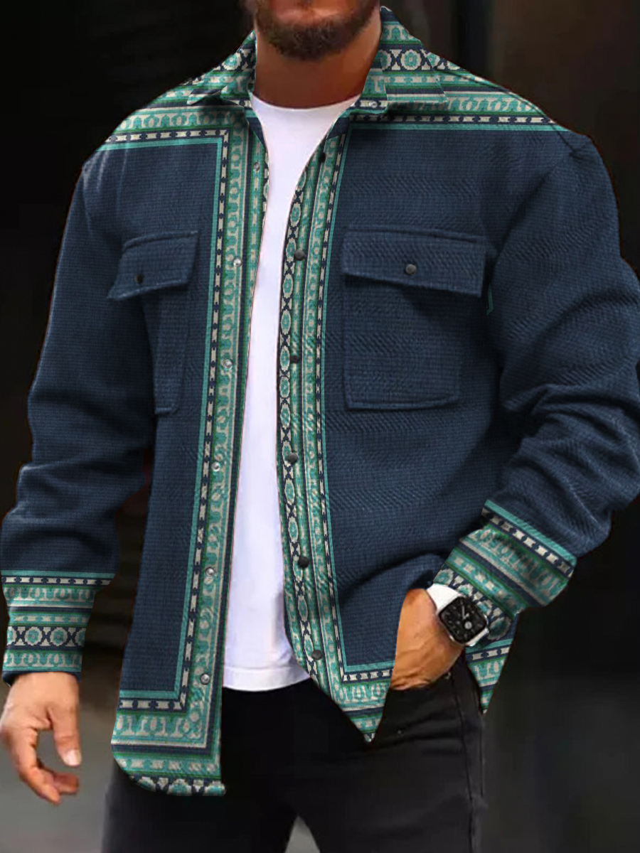 Men's Casual Jacket Stylish Stripes Print Long Sleeve Pockets Corduroy Jacket