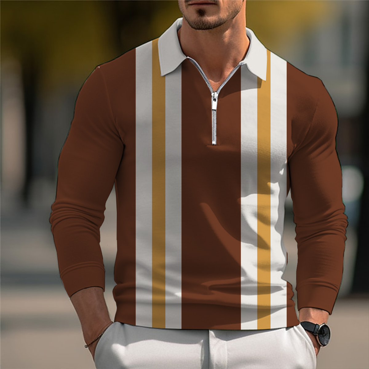 Men's Polo Shirt Art Stripes Printed Long Sleeve Golf Shirt