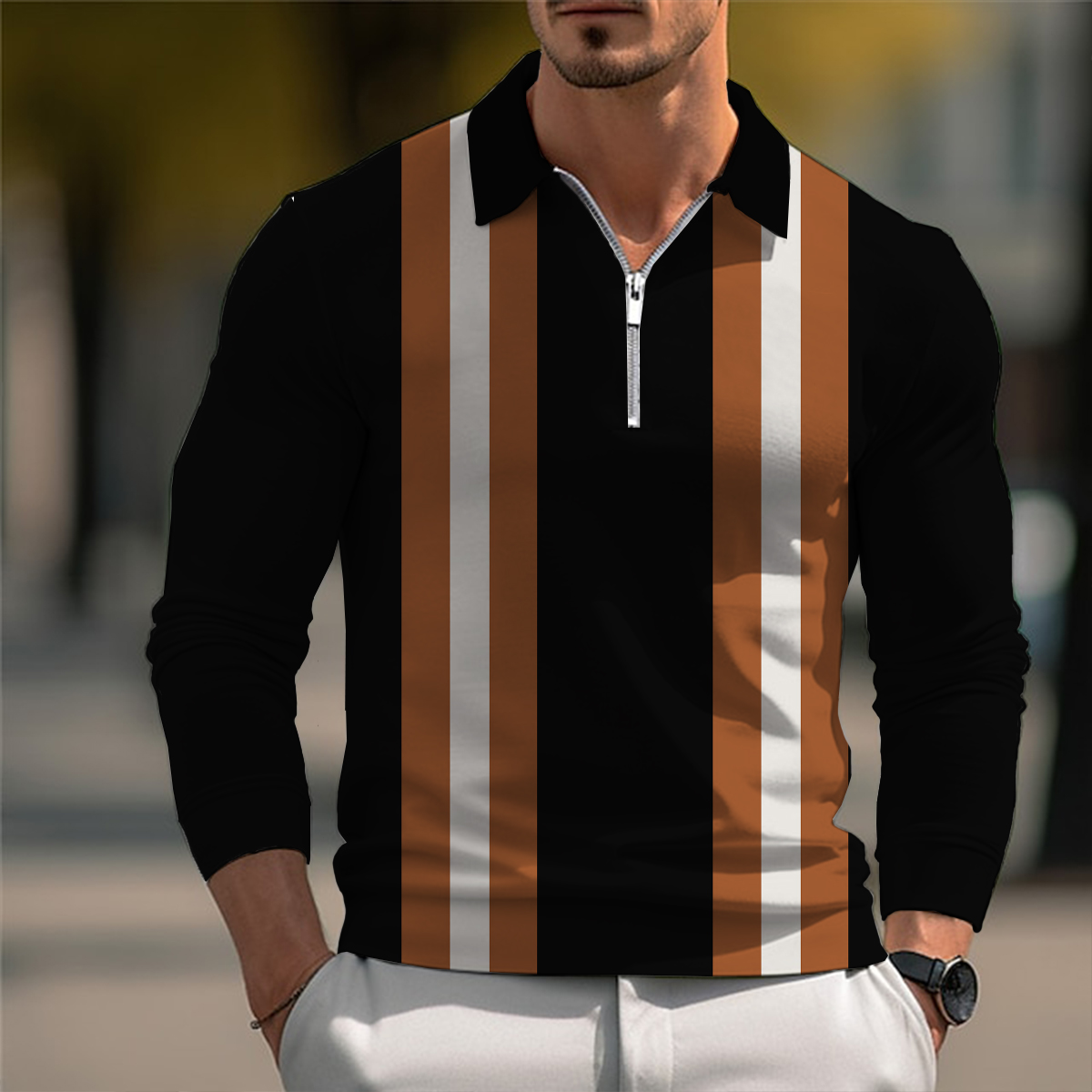 Men's Polo Shirt Art Stripes Printed Long Sleeve Golf Shirt