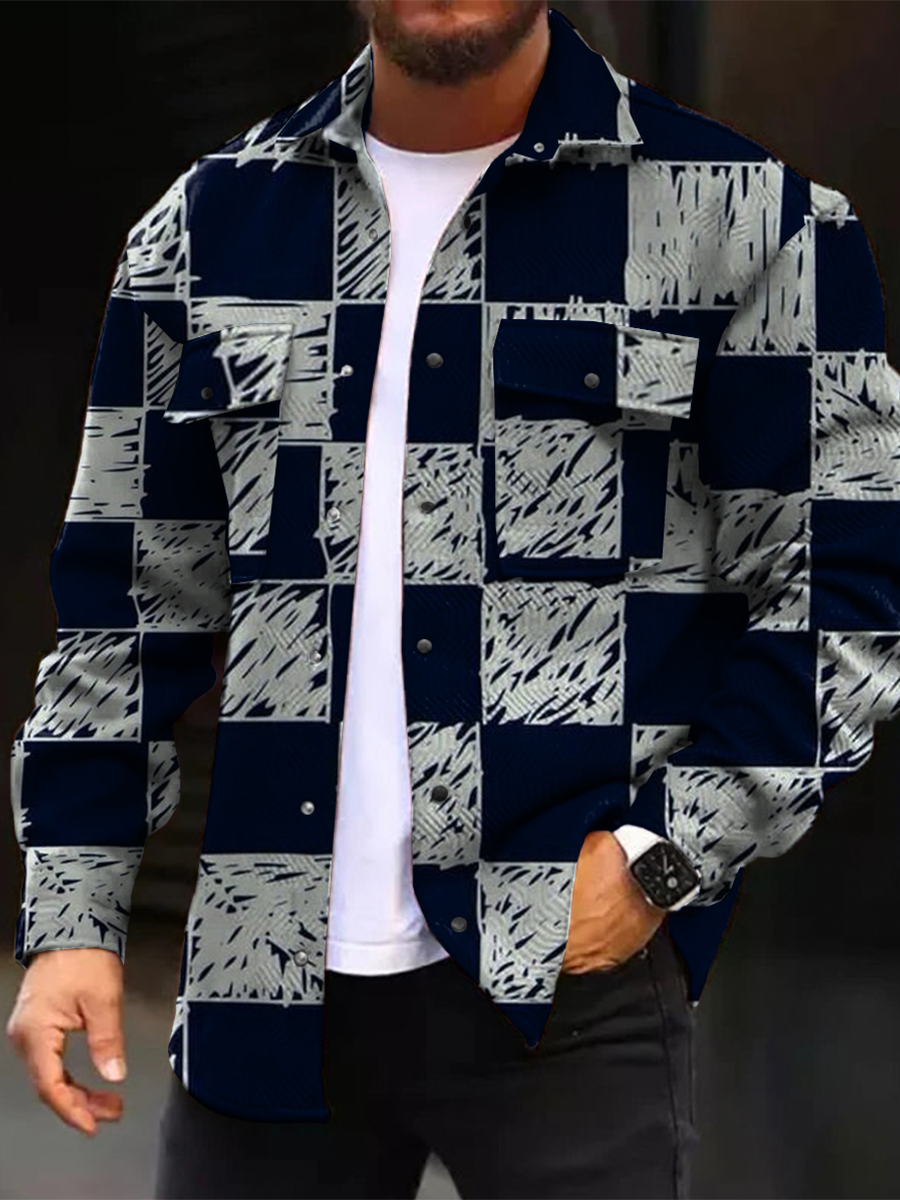 Men's Casual Jacket Fashion Plaid Pattern Printed Long Sleeve Pocket Jacket