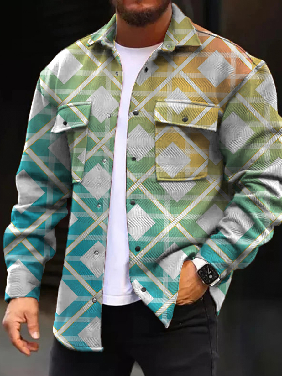 Men's Casual Jacket Fashion Gradient Plaid Printed Long Sleeve Pocket Jacket