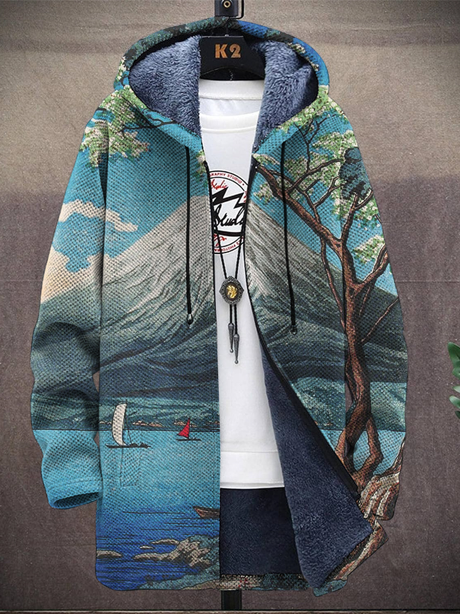 Men's Japanese Fuji Mountain Print Hooded Two-Pocket Fleece Cardigan Jacket