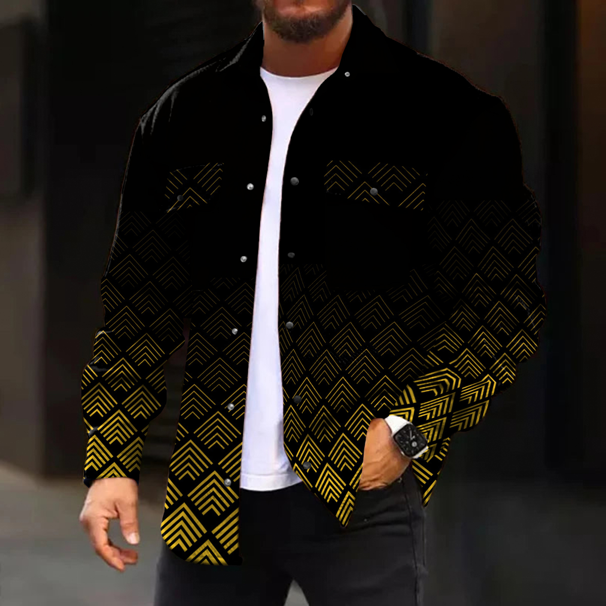 Men's Casual Jacket Vintage Geometric Pattern Long Sleeve Pockets