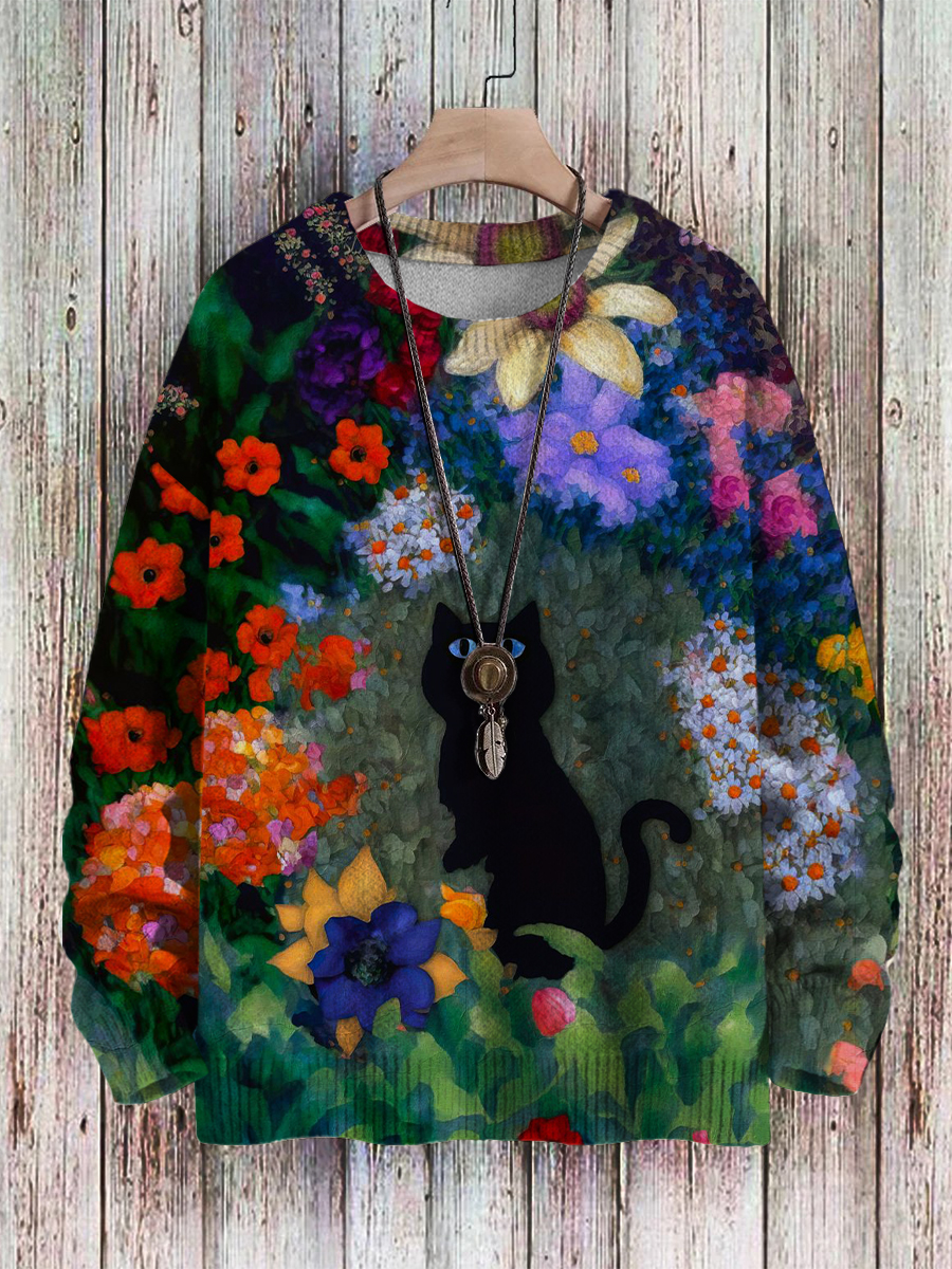 Men's Sweater Black Cat In Garden Oil Painting Pattern Pullover Print Casual Sweater