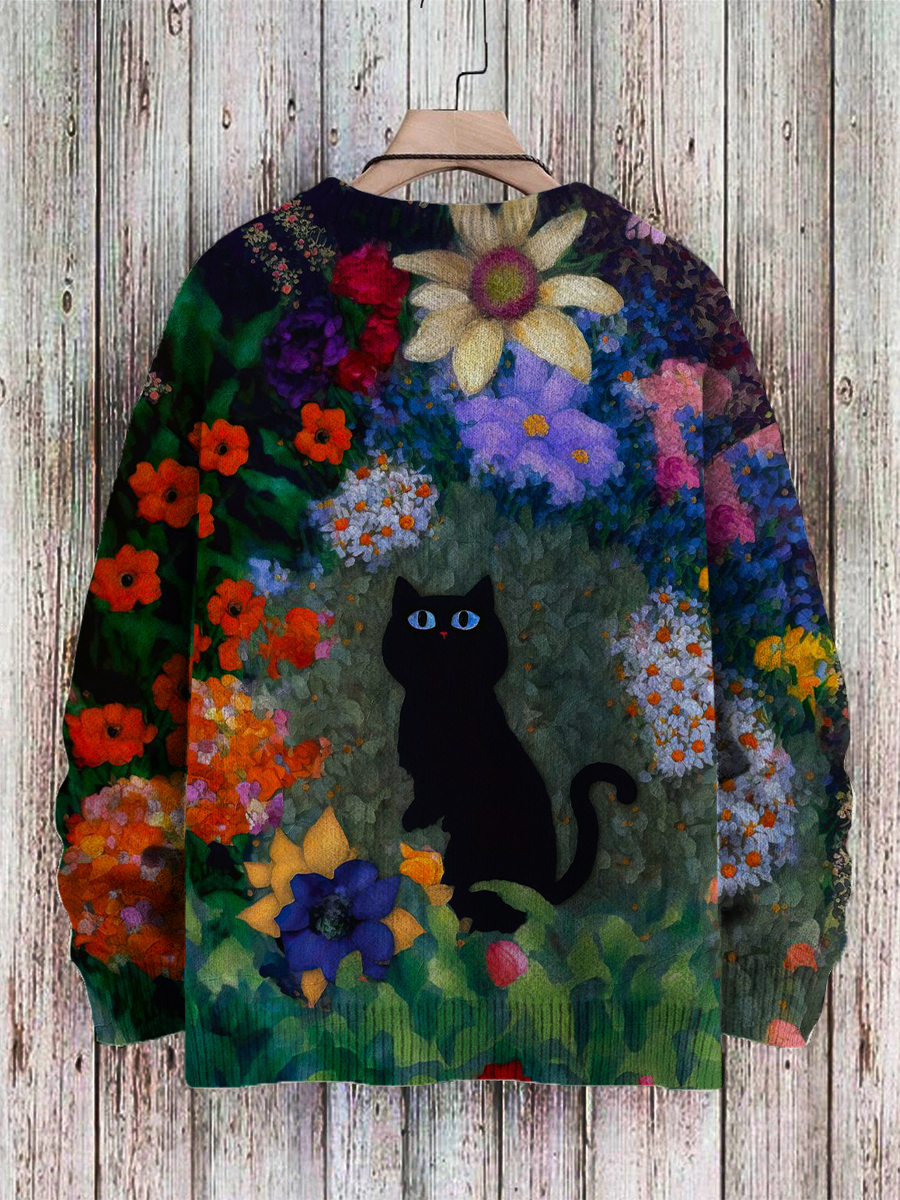 Men's Sweater Black Cat In Garden Oil Painting Pattern Pullover Print Casual Sweater