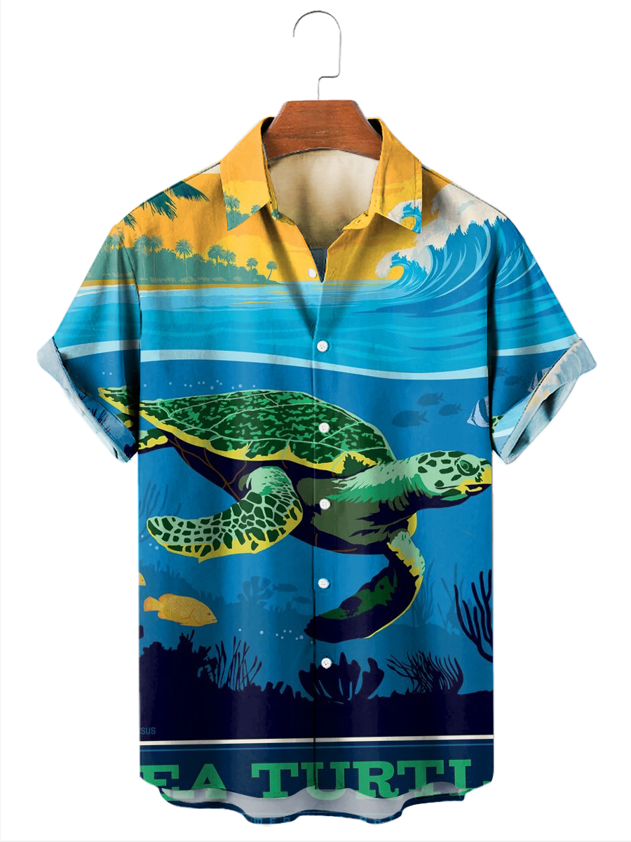 Men's Hawaiian Shirts Sea Turtle Print Short Sleeve Shirt