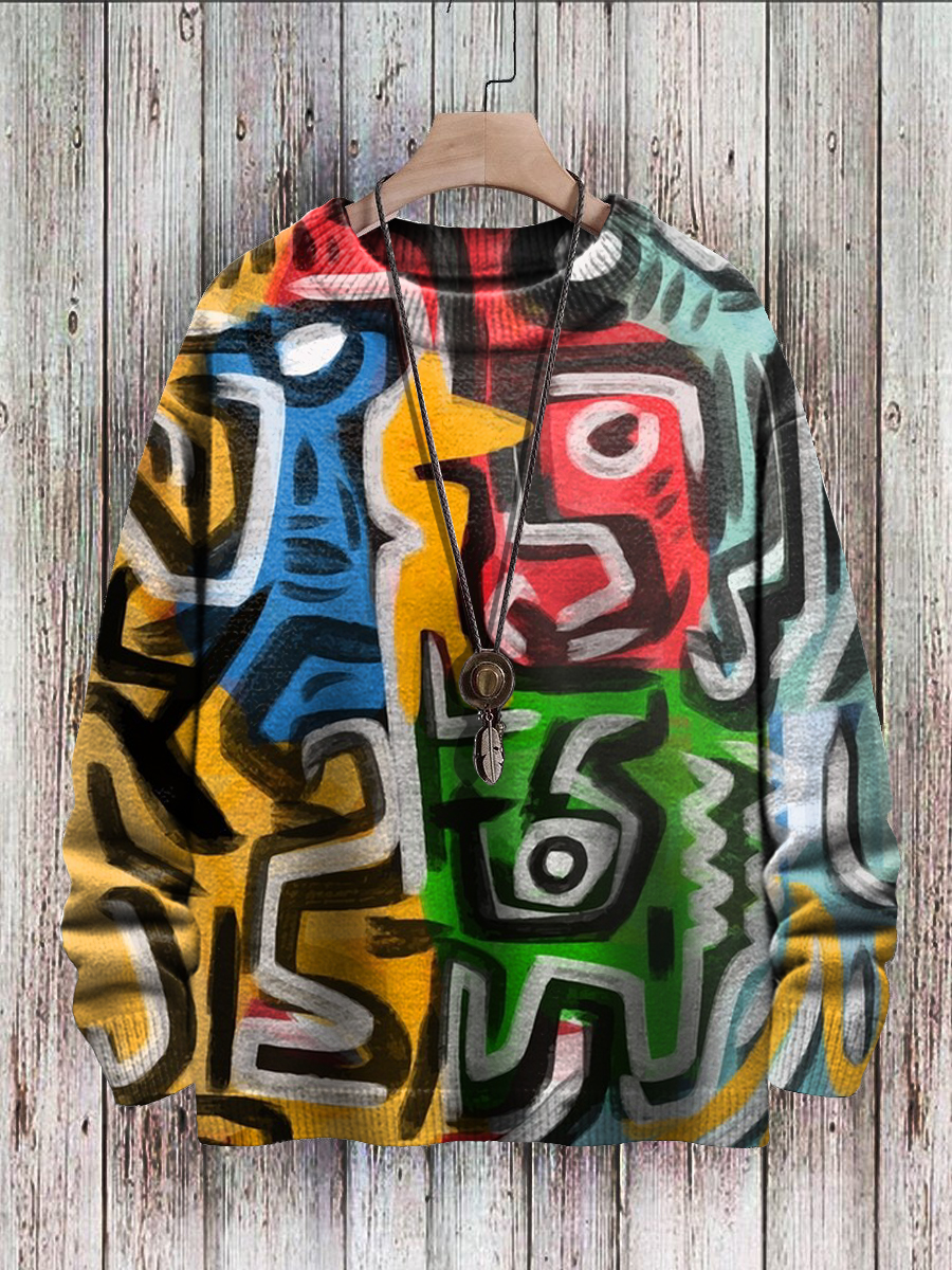 Men's Sweater Abstract Pattern Print Casual Knit Sweatshirt Sweater