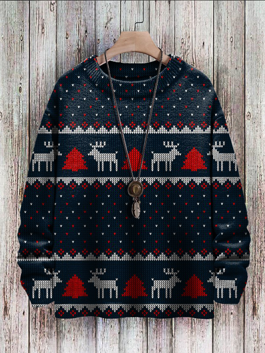 Men's Sweater Vintage Merry Christmas Pattern Print Casual Knit Sweatshirt Sweater