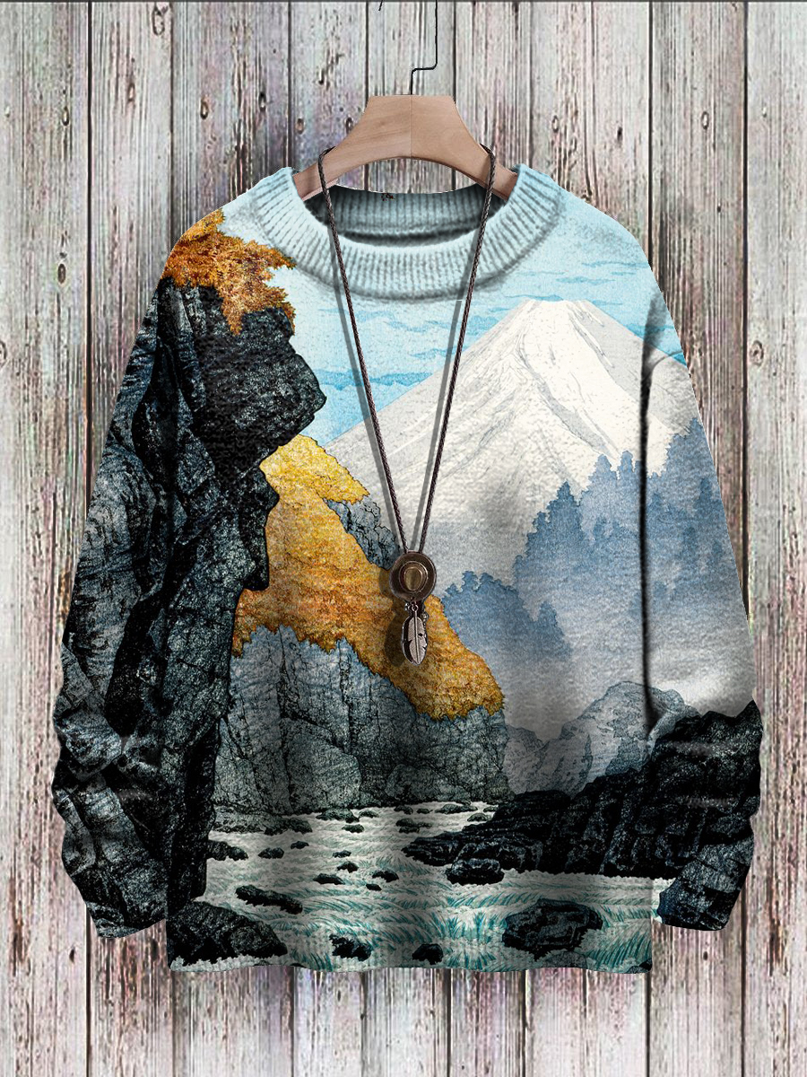 Men's Sweater Japanese Fuji Mountain Print Casual Knit Sweatshirt Sweater