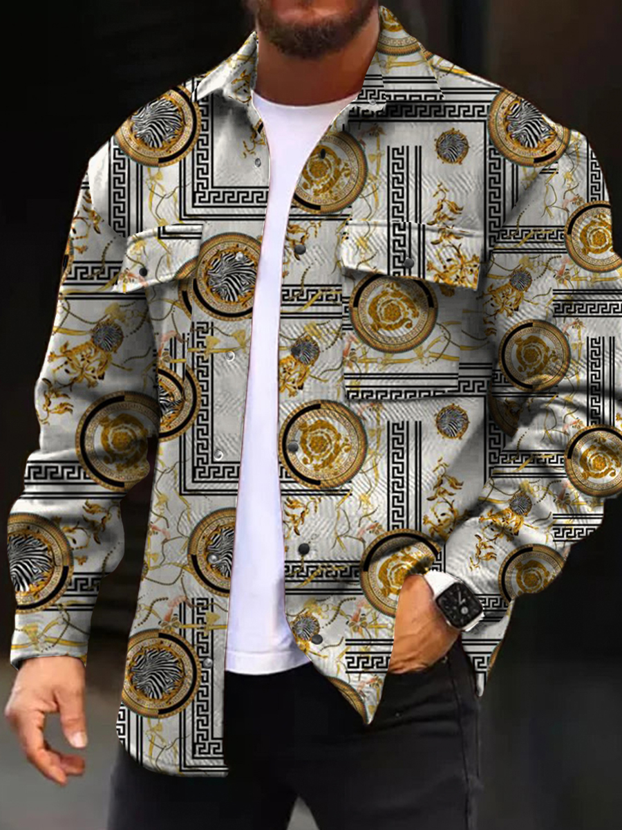 Men's Casual Jacket Fashion Art Design Pattern Printed Long Sleeve Pocket Jacket