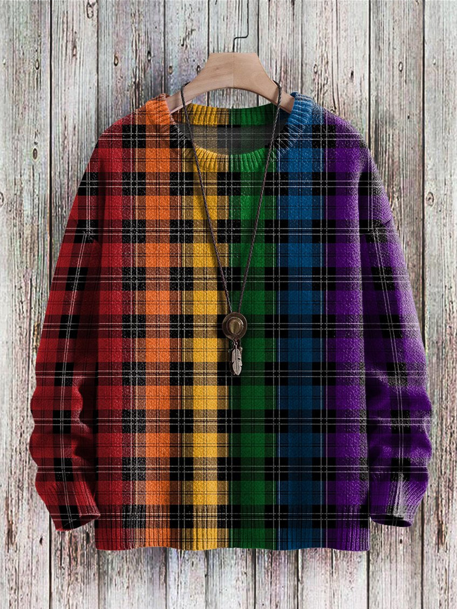 Unisex Plaid Stripes Lines Rainbow Art Print Knit Casual Sweater