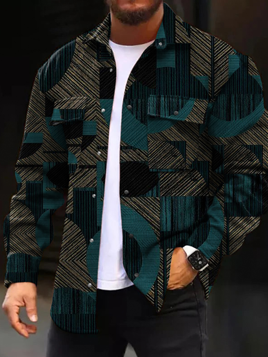 Men's Casual Jacket Fashion Irregular Geometry Printed Long Sleeve Pocket Jacket