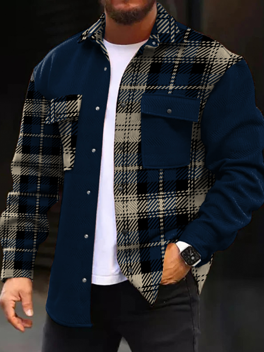 Men's Casual Jacket Plaid Colorblock Print Long Sleeve Pockets Corduroy Jacket