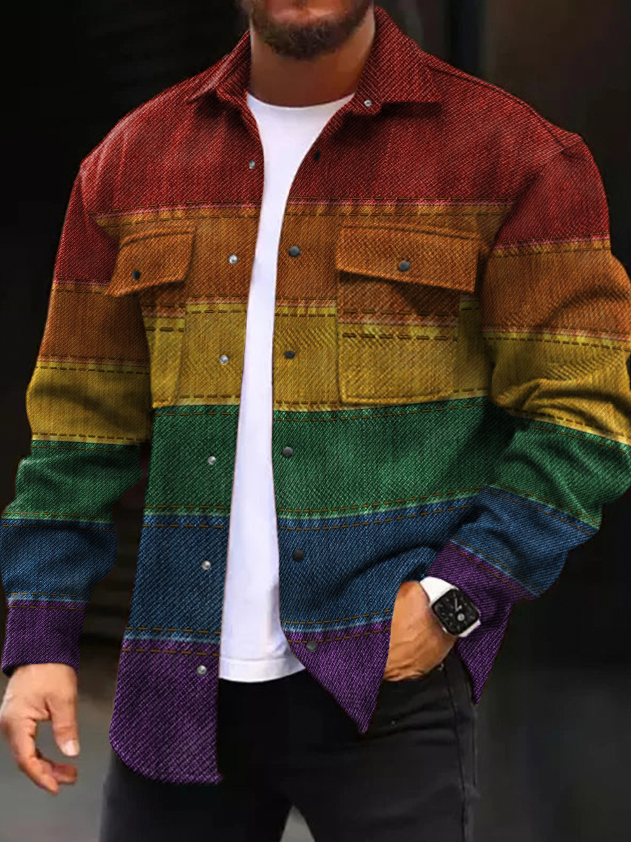 Men's Casual Jacket Vintage Denim Colorblock Pattern Long Sleeve Pockets Corduroy Jacket