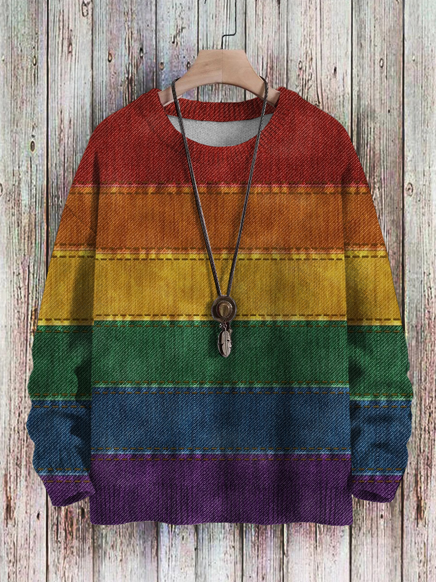 Men's Sweater Vintage Colorblock Denim Print Casual Knit Pullover Sweater