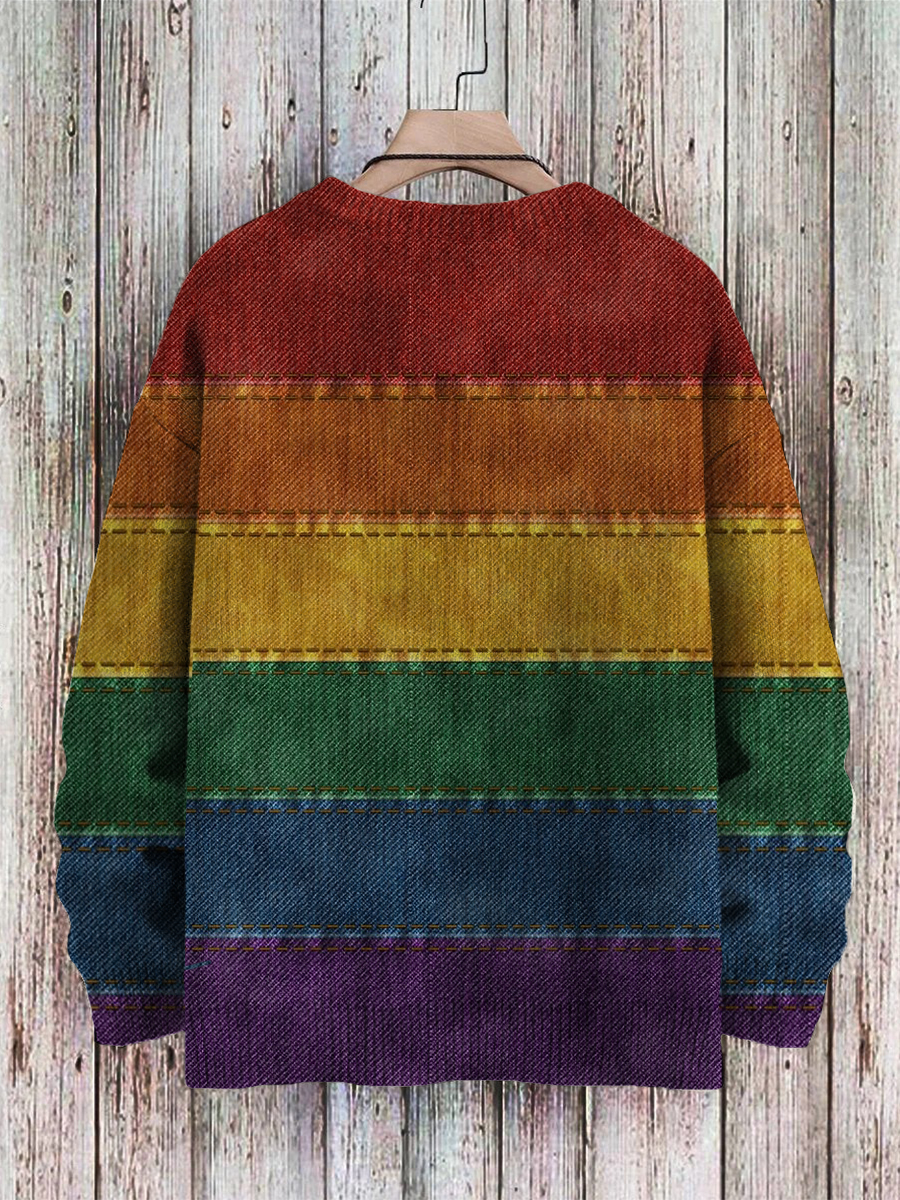 Men's Sweater Vintage Colorblock Denim Print Casual Knit Pullover Sweater