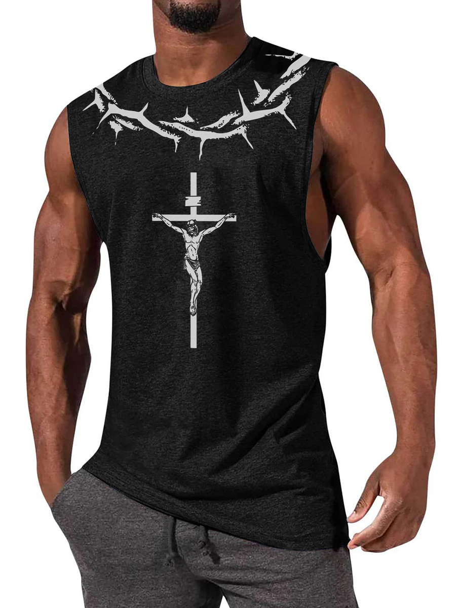 Men's T-shirt Crucifixion Jesus Christ And Crown Thorns Pattern Comfort Casual Sleeveless T-Shirt