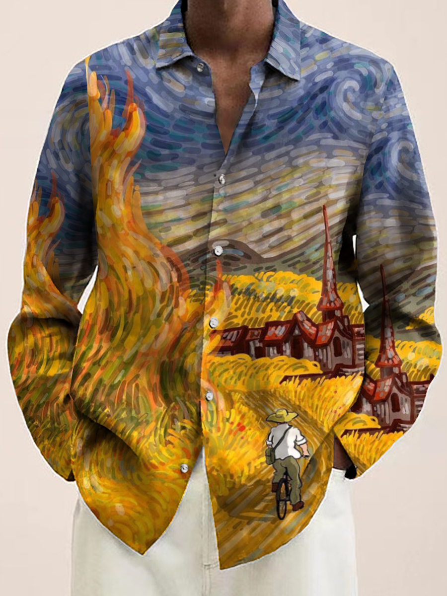 Men's Hawaiian Shirt Van Gogh Art Design Print Casual Vacation Oversized Long Sleeve Shirt