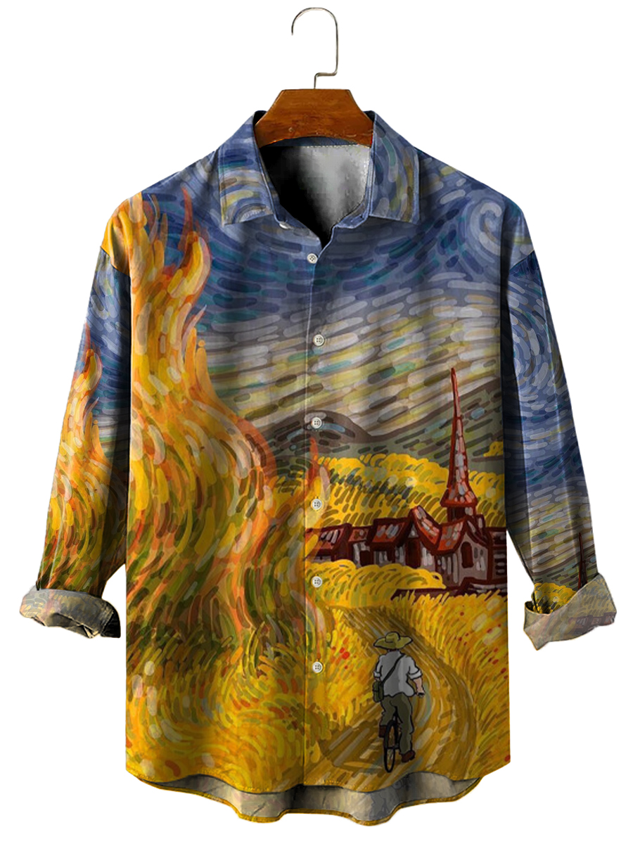 Men's Hawaiian Shirt Van Gogh Art Design Print Casual Vacation Oversized Long Sleeve Shirt