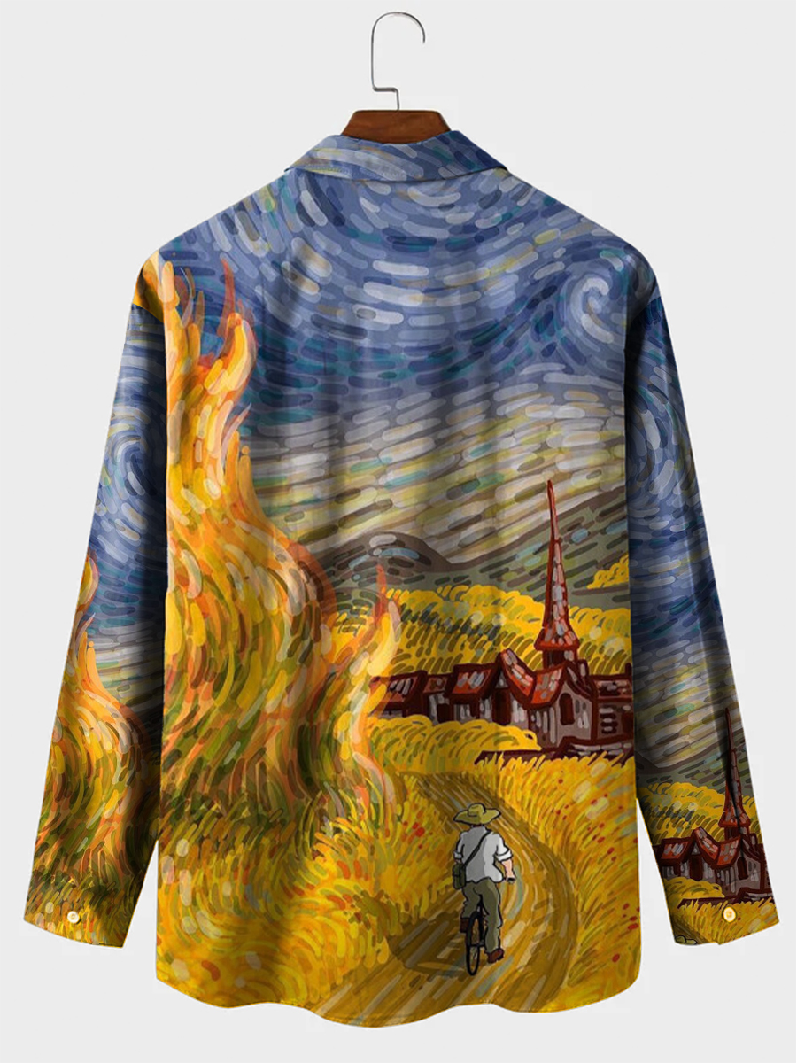 Men's Hawaiian Shirt Van Gogh Art Design Print Casual Vacation Oversized Long Sleeve Shirt