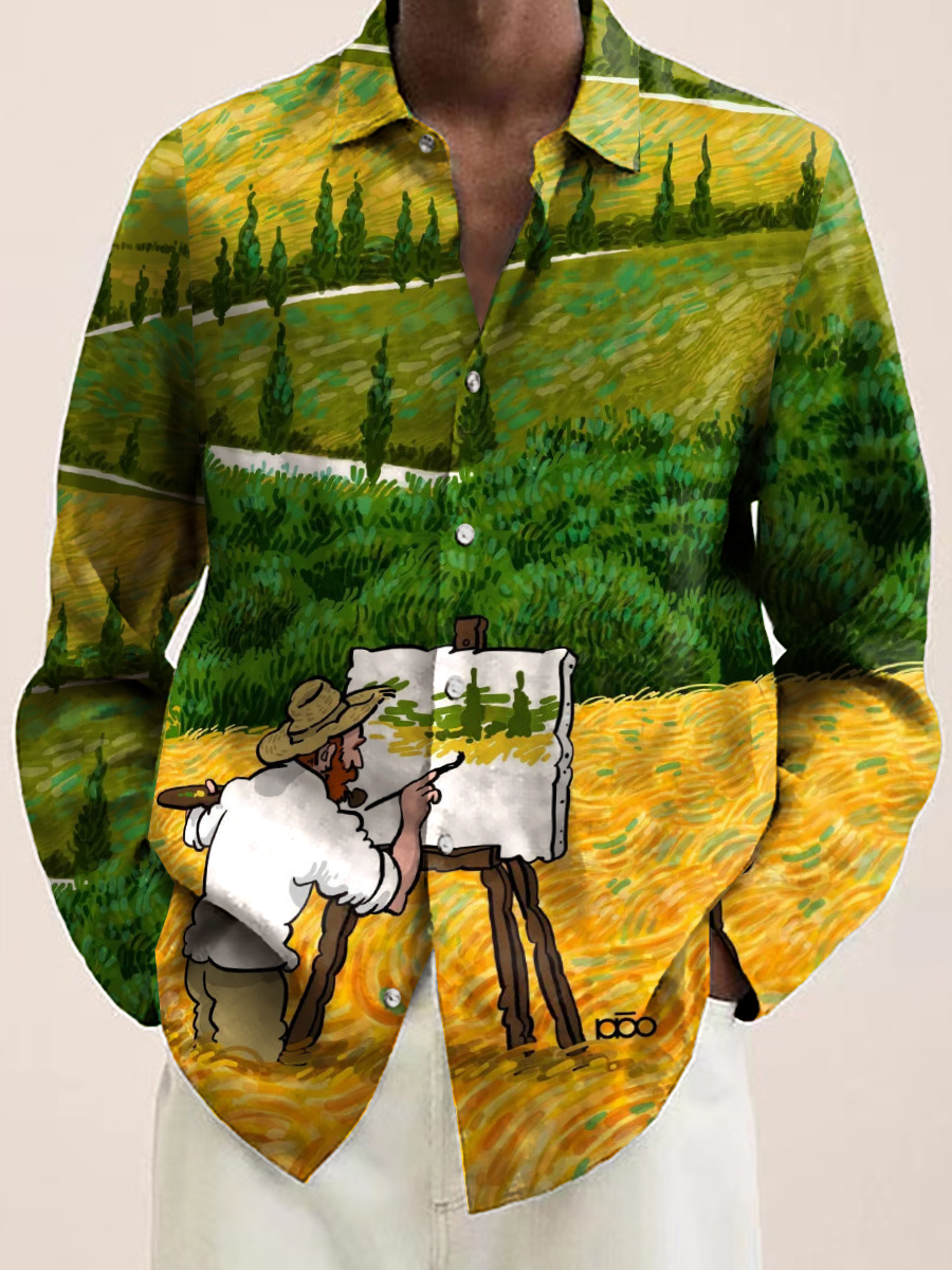 Men's Hawaiian Shirt Artist Van Gogh Print Casual Vacation Oversized Long Sleeve Shirt