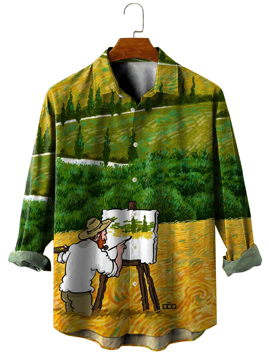 Men's Hawaiian Shirt Artist Van Gogh Print Casual Vacation Oversized Long Sleeve Shirt