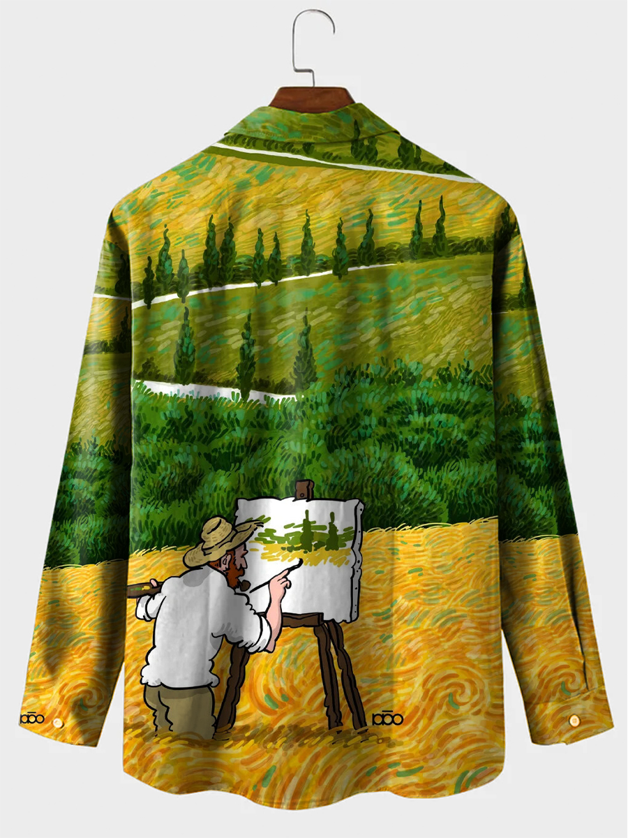 Men's Hawaiian Shirt Artist Van Gogh Print Casual Vacation Oversized Long Sleeve Shirt