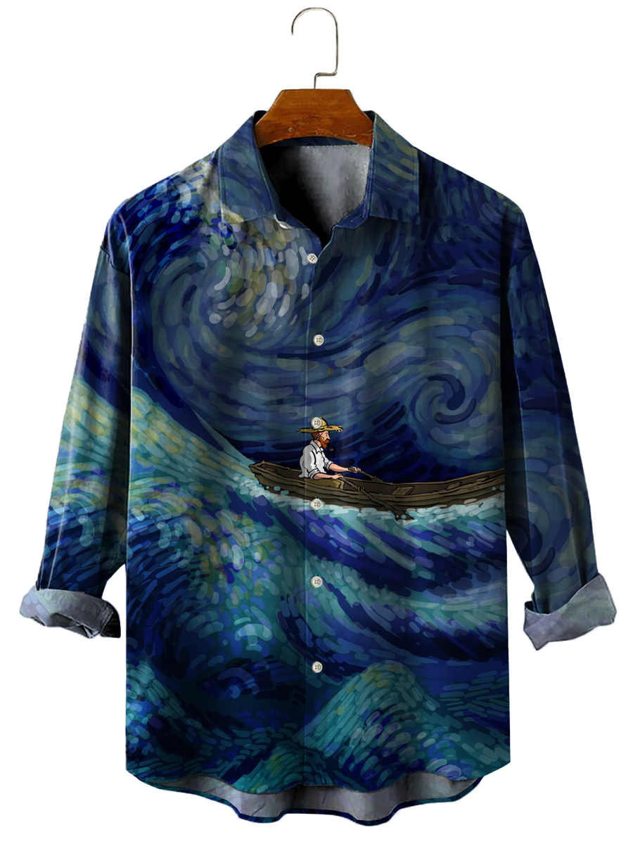 Men's Hawaiian Shirt Artist Van Gogh Print Casual Vacation Oversized Long Sleeve Shirt