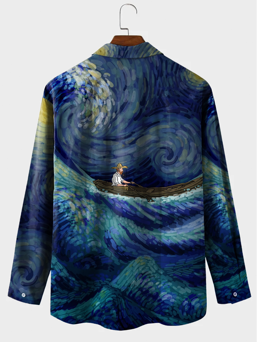 Men's Hawaiian Shirt Artist Van Gogh Print Casual Vacation Oversized Long Sleeve Shirt