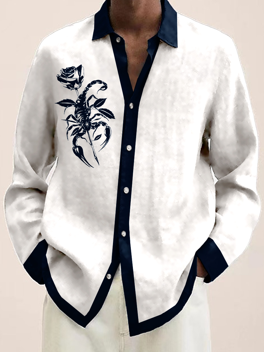 Men's Casual Scorpion Rose Print Long Sleeve Hawaiian Shirt