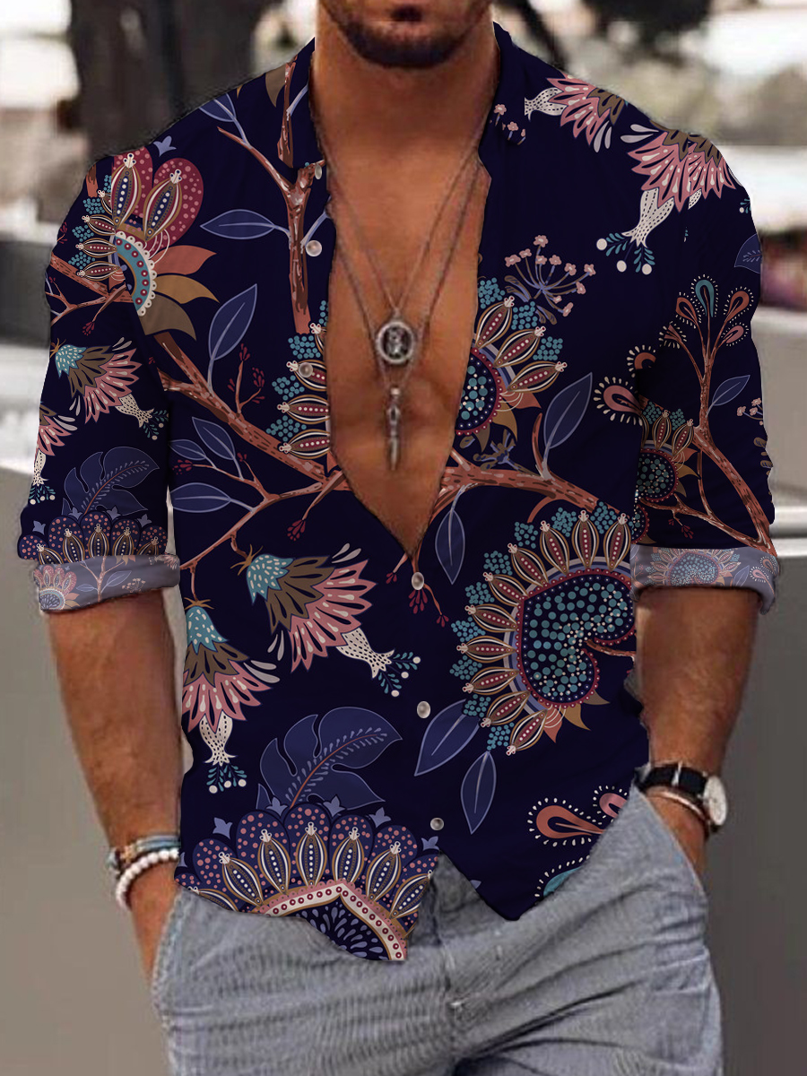Men's Casual Vintage Paisley Print Long Sleeve Hawaiian Shirt